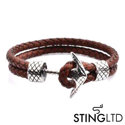 Double Plaited Brown Leather Anchor Bracelet