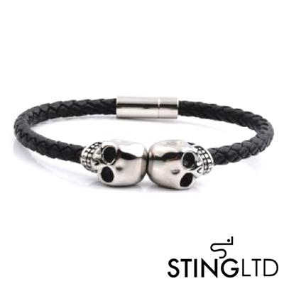Thin Black Skull Stainless Steel Leather Bracelet