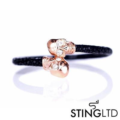 Black Thin Stingray Leather Rose Gold Plated Skull Stainless Steel Bracelet