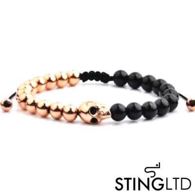 Matt Onyx Rose Gold Plated Skull Stainless Steel Charm Beaded Bracelet