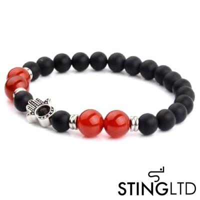 Matt Onyx and Coral Bamboo Hamsa Hand Stainless Steel Charm Beaded Bracelet