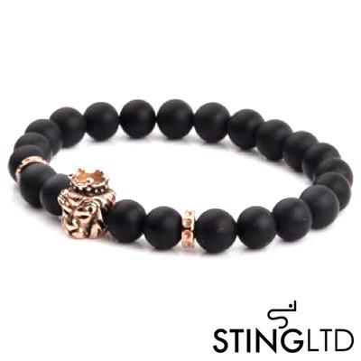 Matt Onyx Rose Gold Plated Lion Stainless Steel Charm Beaded Bracelet