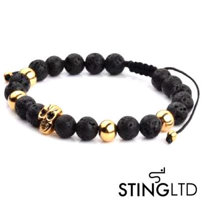 Lava Rock Gold Plated Skull Stainless Steel Charm Beaded Macrame Bracelet