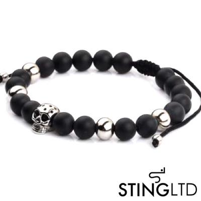Matt Onyx Skull Stainless Steel Charm Beaded Macrame Bracelet