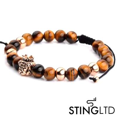 Tigers Eye Rose Gold Plated Lion Stainless Steel Charm Beaded Macrame Bracelet