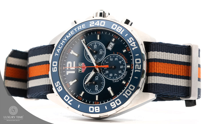 Tag Heuer Formula 1 Quartz Chronograph Blue Striped NATO Strap Men's Watch