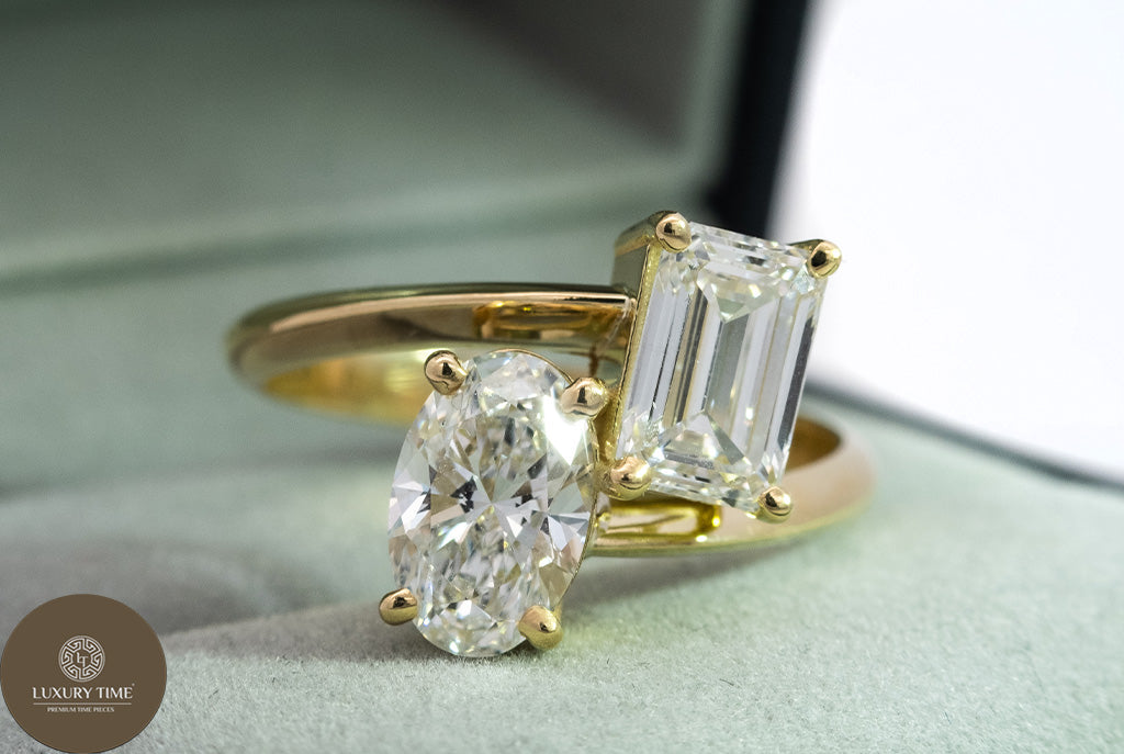 2CT Total Weight - Emerald and Oval  Diamond Ring set in 18CT Yellow Gold