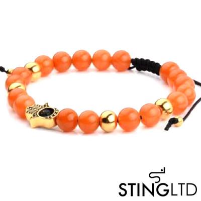 Carnelian Orange Gold Plated Hamsa Hand Stainless Steel Charm Beaded Macrame Bracelet