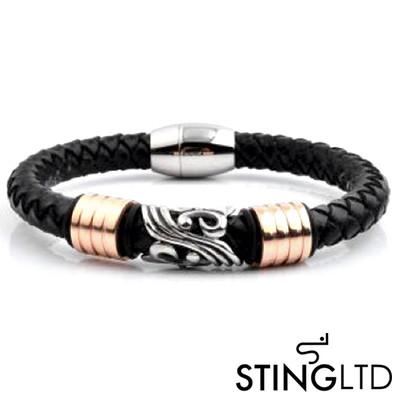 Black Plaited Rose Gold Plated  Stainless Steel Detail Leather Bracelet