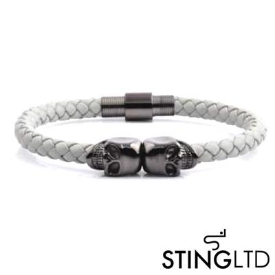 White Plaited  Gunmetal Skull Stainless Steel Leather Bracelet