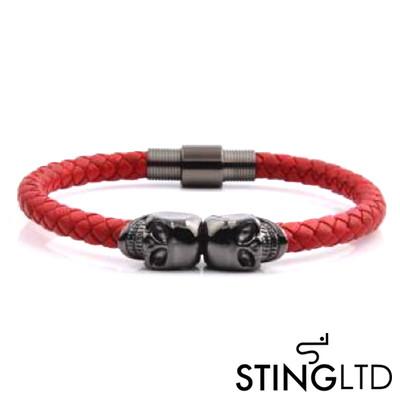 Red Plaited Gunmetal Skull Stainless Steel Leather Bracelet