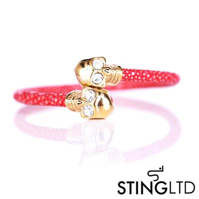 Red Thin Stingray Leather Gold Plated Skull Stainless Steel Bracelet