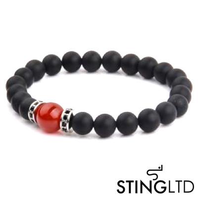 Matt Onyx and Coral Bamboo Stainless Steel Beaded Bracelet with Black Crystal Detail