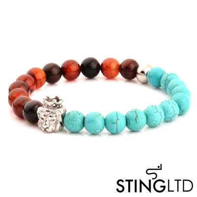 Turquoise and Carnelian Agate Lion Stainless Steel Charm Beaded Bracelet