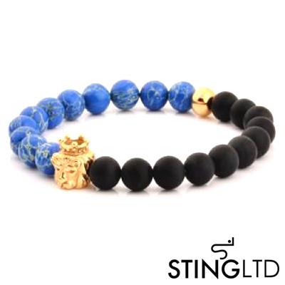 Natural Blue Sea Stone and Matt Onyx Gold Plated Lion Stainless Steel Charm Beaded Bracelet