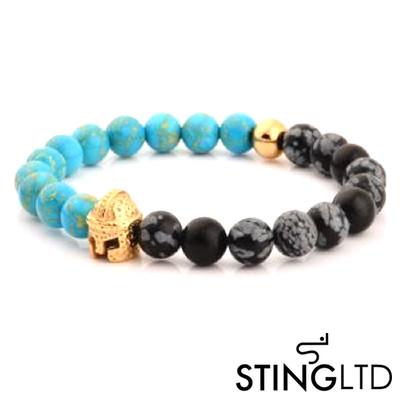 Turquoise and Labradorite Larvikite Gold Plated Barbute Helmet Stainless Steel Charm Beaded Bracelet