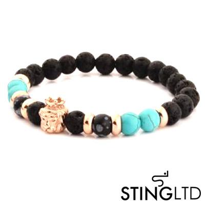 Lava Rock and Turquoise, Labradorite Larvikite Rose Gold Plated Lion Stainless Steel Beaded Bracelet