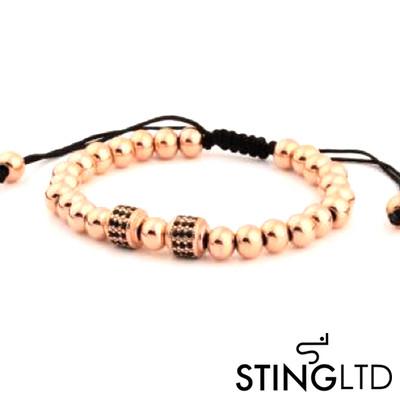 Rose Gold Plated Stainless Steel Beaded Macrame Bracelet With Black Crystal Detail