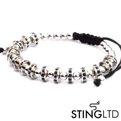 Stainless Steel Beaded Macrame Bracelet With Black Crystal Detail
