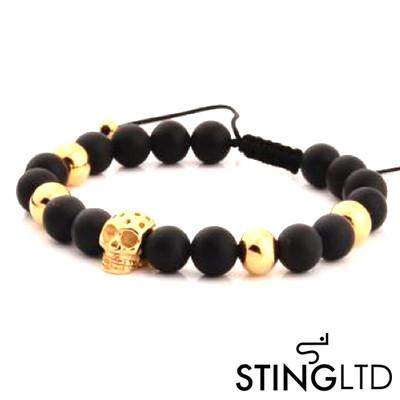 Matt Onyx Gold Plated  Skull Stainless Steel Charm Beaded Macrame Bracelet