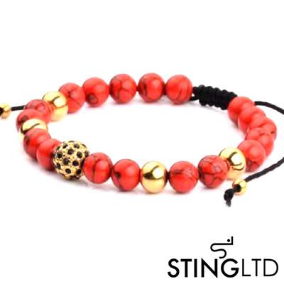 Red Magnesite Gold Plated Bead With Crystal Detail Stainless Steel Charm Beaded Macrame Bracelet