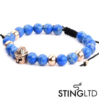 Natural Blue Sea Stone Rose Gold Plated Barbute Helmet Stainless Steel Charm Beaded Macrame Bracelet