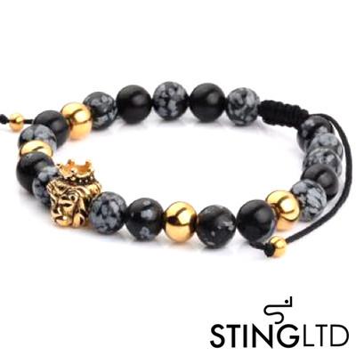 Labradorite Larvikite Gold Plated Lion Stainless Steel Charm Beaded Macrame Bracelet