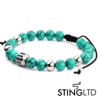 Turquoise Bead with Black Crystal Detail Stainless Steel Charm Beaded Macrame  Bracelet