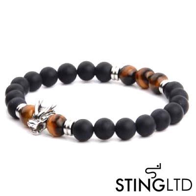 Matt Onyx and Tigers Eye Dragon Stainless Steel Charm Beaded Bracelet