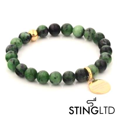 Serpentine Stone with Gold Plated Charm Stainless Steel Beaded Bracelet