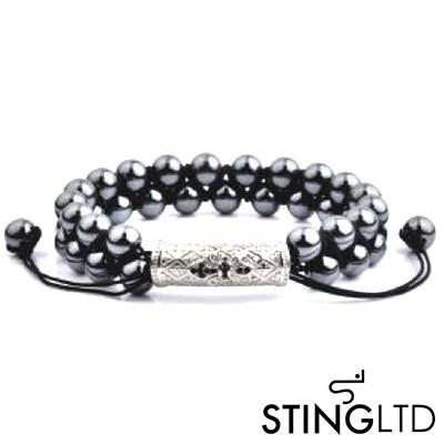 Hematite Textured Stainless Steel Charm Double Beaded Macrame Bracelet