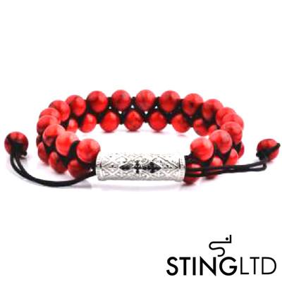 Red Magnesite Textured Stainless Steel Charm Double Beaded Macrame Bracelet